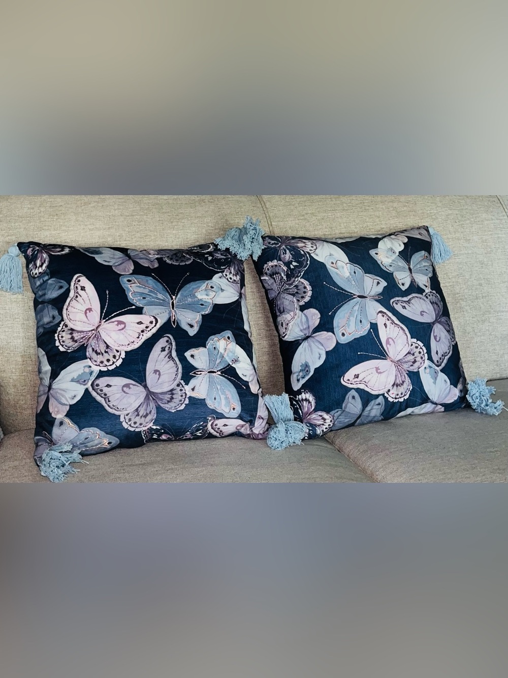 Pair of NEW 18x18” butterfly pillows.Print/ solid,Sofa dorm, girls room, tassles